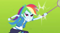 Size: 3410x1920 | Tagged: safe, screencap, rainbow dash, equestria girls, equestria girls series, g4, stressed in show, stressed in show: rainbow dash, canterlot high, clothes, cutie mark, cutie mark on clothes, female, geode of super speed, grin, high res, hoodie, jewelry, magical geodes, necklace, racket, smiling, solo