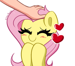 Size: 2550x2255 | Tagged: safe, artist:kittyrosie, fluttershy, human, pegasus, pony, g4, blushing, cute, daaaaaaaaaaaw, eyes closed, floating heart, hand, heart, high res, human on pony petting, petting, shyabetes, simple background, solo focus, sweet dreams fuel, weapons-grade cute, white background