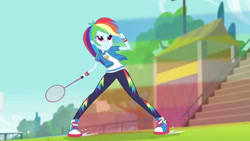 Size: 3410x1920 | Tagged: safe, screencap, rainbow dash, equestria girls, g4, my little pony equestria girls: better together, stressed in show, stressed in show: rainbow dash, clothes, cutie mark, cutie mark on clothes, female, geode of super speed, high res, hoodie, jewelry, magical geodes, necklace, racket, rainbow trail, shoes, smiling, sneakers, solo
