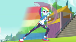 Size: 3410x1920 | Tagged: safe, screencap, rainbow dash, equestria girls, g4, my little pony equestria girls: better together, stressed in show, stressed in show: rainbow dash, clothes, cutie mark, cutie mark on clothes, female, high res, hoodie, jewelry, racket, rainbow trail, shoes, smiling, sneakers, solo