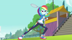 Size: 3410x1920 | Tagged: safe, screencap, rainbow dash, equestria girls, g4, my little pony equestria girls: better together, stressed in show, stressed in show: rainbow dash, clothes, cutie mark, cutie mark on clothes, female, grin, high res, hoodie, jewelry, racket, shoes, smiling, sneakers, solo