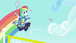 Size: 3410x1920 | Tagged: safe, screencap, rainbow dash, equestria girls, g4, my little pony equestria girls: better together, stressed in show, stressed in show: rainbow dash, clothes, cutie mark, cutie mark on clothes, female, geode of super speed, high res, hoodie, jewelry, jumping, magical geodes, necklace, racket, rainbow trail, shoes, smiling, sneakers, solo