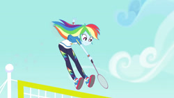 Size: 3410x1920 | Tagged: safe, screencap, rainbow dash, equestria girls, g4, my little pony equestria girls: better together, stressed in show, stressed in show: rainbow dash, clothes, cutie mark, cutie mark on clothes, female, high res, hoodie, jewelry, jumping, racket, shoes, smiling, sneakers, solo