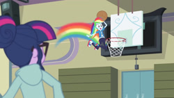 Size: 3410x1920 | Tagged: safe, screencap, rainbow dash, sci-twi, twilight sparkle, equestria girls, g4, my little pony equestria girls: better together, stressed in show, stressed in show: rainbow dash, basket, basketball, basketball court, basketball net, clothes, cutie mark, cutie mark on clothes, female, geode of super speed, glasses, high res, hoodie, jewelry, jumping, magical geodes, necklace, open mouth, ponytail, rainbow trail, shoes, sneakers, sports