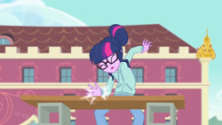 Size: 3410x1920 | Tagged: safe, screencap, sci-twi, twilight sparkle, equestria girls, equestria girls series, g4, stressed in show, stressed in show: rainbow dash, canterlot high, eyes closed, female, glasses, high res, karate, open mouth, ponytail, solo