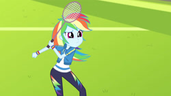 Size: 3410x1920 | Tagged: safe, screencap, rainbow dash, equestria girls, equestria girls series, g4, stressed in show, stressed in show: rainbow dash, clothes, cutie mark, cutie mark on clothes, female, geode of super speed, high res, hoodie, jewelry, magical geodes, necklace, racket, smiling, solo