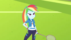 Size: 3410x1920 | Tagged: safe, screencap, rainbow dash, equestria girls, equestria girls series, g4, stressed in show, stressed in show: rainbow dash, clothes, cutie mark, cutie mark on clothes, female, geode of super speed, hand on hip, high res, hoodie, jewelry, magical geodes, necklace, racket, smiling, solo