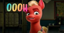 Size: 1283x673 | Tagged: safe, screencap, sprout cloverleaf, earth pony, pony, g5, my little pony: a new generation, spoiler:my little pony: a new generation, 3d, male, meme, oooooh, sheriff, smiling, solo, stallion, text, when he smiles, wow! glimmer