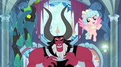 Size: 1280x718 | Tagged: safe, screencap, cozy glow, lord tirek, queen chrysalis, alicorn, centaur, changeling, changeling queen, pony, taur, g4, season 9, the ending of the end, alicornified, cozycorn, dreamworks face, evil grin, female, filly, flying, grin, legion of doom, male, race swap, smiling, spread wings, throne room, trio, ultimate chrysalis, wings