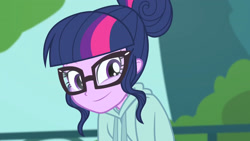 Size: 3410x1920 | Tagged: safe, screencap, sci-twi, twilight sparkle, equestria girls, g4, my little pony equestria girls: better together, stressed in show, stressed in show: rainbow dash, clothes, female, glasses, high res, jacket, ponytail, smiling, solo