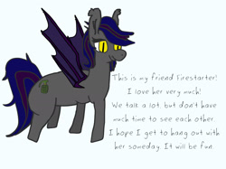 Size: 1890x1417 | Tagged: safe, artist:vilkathewolf, oc, oc only, oc:firestarter, bat pony, pony, bat pony oc, solo, text