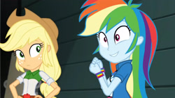 Size: 3410x1920 | Tagged: safe, screencap, applejack, rainbow dash, equestria girls, equestria girls specials, g4, my little pony equestria girls: movie magic, applejack's hat, belt, clothes, cowboy hat, cute, cutie mark, cutie mark on clothes, dashabetes, female, geode of super speed, hand on hip, hat, high res, jewelry, magical geodes, necklace, smiling