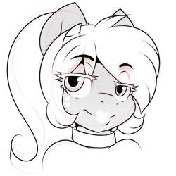 Size: 1280x1280 | Tagged: safe, artist:kloudmutt, oc, oc only, oc:chilly pepper, demon, demon pony, anthro, bedroom eyes, choker, digital art, eye clipping through hair, eyebrows, eyebrows visible through hair, female, looking at you, monochrome, simple background, smiling, smirk, smug, solo, white background
