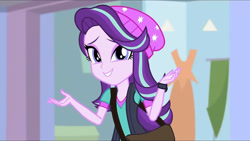 Size: 3410x1920 | Tagged: safe, screencap, starlight glimmer, equestria girls, equestria girls specials, g4, my little pony equestria girls: mirror magic, bag, beanie, clothes, female, hat, offscreen character, pov, shirt, shrug, smiling, solo, vest, watch, wristwatch