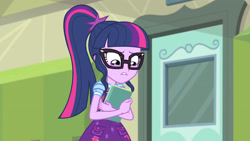 Size: 3410x1920 | Tagged: safe, screencap, sci-twi, twilight sparkle, equestria girls, g4, my little pony equestria girls: better together, stressed in show, stressed in show: pinkie pie, book, bowtie, clothes, cutie mark, cutie mark on clothes, female, glasses, high res, lip bite, ponytail, solo
