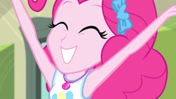 Size: 3410x1920 | Tagged: safe, screencap, pinkie pie, equestria girls, g4, my little pony equestria girls: better together, stressed in show, stressed in show: pinkie pie, ^^, armpits, close-up, clothes, cute, cutie mark, cutie mark on clothes, diapinkes, eyes closed, female, geode of sugar bombs, grin, high res, magical geodes, smiling, solo, tank top