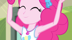Size: 3410x1920 | Tagged: safe, screencap, pinkie pie, equestria girls, g4, my little pony equestria girls: better together, stressed in show, stressed in show: pinkie pie, armpits, close-up, clothes, cute, cutie mark, cutie mark on clothes, diapinkes, eyes closed, female, geode of sugar bombs, high res, magical geodes, smiling, solo, tank top