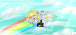 Size: 2000x922 | Tagged: safe, artist:gnidagovnida, derpy hooves, pegasus, pony, g4, bags, cloud, flying, open mouth, open smile, rainbow, smiling, solo
