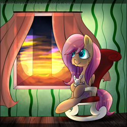 Size: 1700x1700 | Tagged: safe, artist:gnidagovnida, angel bunny, fluttershy, pegasus, pony, rabbit, g4, animal, chair, cheek fluff, duo, female, folded wings, indoors, looking away, looking out the window, mare, rocking chair, sitting, window, wings