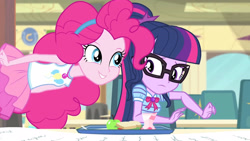 Size: 3410x1920 | Tagged: safe, screencap, pinkie pie, sci-twi, twilight sparkle, equestria girls, g4, my little pony equestria girls: better together, stressed in show, stressed in show: pinkie pie, apple, bowtie, clothes, cutie mark, cutie mark on clothes, female, food, geode of sugar bombs, geode of telekinesis, glasses, jewelry, juice, juice box, magical geodes, necklace, ponytail, sandwich, smiling, tank top