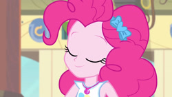 Size: 3410x1920 | Tagged: safe, screencap, pinkie pie, equestria girls, g4, my little pony equestria girls: better together, stressed in show, stressed in show: pinkie pie, close-up, clothes, cutie mark, cutie mark on clothes, eyes closed, female, geode of sugar bombs, jewelry, magical geodes, necklace, smiling, solo, tank top