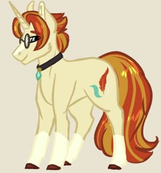 Size: 1154x1242 | Tagged: safe, artist:artfestation, oc, oc only, pony, unicorn, collar, colored hooves, glasses, horn, male, simple background, solo, stallion, unicorn oc, yellow background