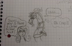 Size: 3054x1941 | Tagged: safe, artist:diamond06mlp, discord, fluttershy, draconequus, pegasus, pony, g4, blushing, bust, collar, dialogue, duo, female, graph paper, lineart, male, mare, pet tag, speech bubble, thought bubble, traditional art