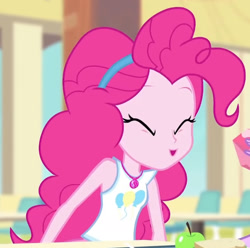 Size: 1553x1543 | Tagged: safe, screencap, pinkie pie, equestria girls, g4, my little pony equestria girls: better together, stressed in show, stressed in show: pinkie pie, ^^, clothes, cropped, eyes closed, geode of sugar bombs, hairband, jewelry, magical geodes, necklace, open mouth, open smile, sleeveless, smiling, solo, tank top