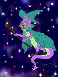 Size: 768x1024 | Tagged: safe, artist:diamond06mlp, spike, dragon, g4, beard, colored, facial hair, garbuncle, hat, male, older, older spike, solo, staff, stars, wizard hat