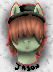 Size: 805x1096 | Tagged: safe, artist:milledpurple, oc, oc only, earth pony, pony, abstract background, bust, earth pony oc, hair over eyes, hat, male, solo, stallion