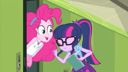 Size: 3410x1920 | Tagged: safe, screencap, pinkie pie, sci-twi, twilight sparkle, equestria girls, g4, my little pony equestria girls: better together, stressed in show, stressed in show: pinkie pie, book, bowtie, canterlot high, clothes, eyes closed, female, geode of sugar bombs, geode of telekinesis, glasses, hallway, jewelry, lockers, magical geodes, necklace, open mouth, ponytail, smiling, tank top