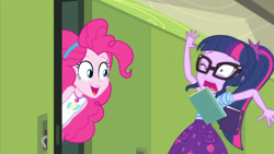 Size: 3410x1920 | Tagged: safe, screencap, pinkie pie, sci-twi, twilight sparkle, equestria girls, g4, my little pony equestria girls: better together, stressed in show, stressed in show: pinkie pie, book, clothes, female, geode of sugar bombs, glasses, jewelry, lockers, magical geodes, necklace, one eye closed, open mouth, ponytail, scared, shrunken pupils, tank top