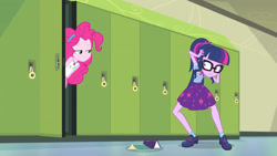 Size: 3410x1920 | Tagged: safe, screencap, pinkie pie, sci-twi, twilight sparkle, equestria girls, g4, my little pony equestria girls: better together, stressed in show, stressed in show: pinkie pie, book, bowtie, canterlot high, clothes, female, geode of sugar bombs, geode of telekinesis, glasses, hallway, jewelry, lockers, magical geodes, necklace, open mouth, ponytail, smug, smugpie, tank top