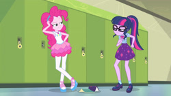 Size: 3410x1920 | Tagged: safe, screencap, pinkie pie, sci-twi, twilight sparkle, equestria girls, g4, my little pony equestria girls: better together, stressed in show, stressed in show: pinkie pie, book, bowtie, clothes, female, geode of sugar bombs, geode of telekinesis, glasses, jewelry, lockers, magical geodes, necklace, open mouth, ponytail, smiling, tank top