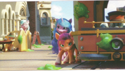 Size: 1570x894 | Tagged: safe, screencap, dahlia, izzy moonbow, sunny starscout, earth pony, pony, unicorn, g5, my little pony: a new generation, spoiler:my little pony: a new generation, 3d, a new adventure, background pony, book, cropped, female, g5 book, glasses, hat, hiding, male, mare, maretime bay, scan, stallion, tram