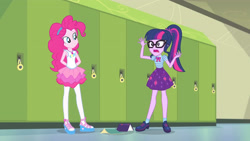 Size: 3410x1920 | Tagged: safe, screencap, pinkie pie, sci-twi, twilight sparkle, equestria girls, g4, my little pony equestria girls: better together, stressed in show, stressed in show: pinkie pie, book, bowtie, clothes, female, geode of sugar bombs, geode of telekinesis, glasses, jewelry, lockers, magical geodes, necklace, open mouth, ponytail, tank top