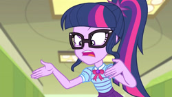 Size: 3410x1920 | Tagged: safe, screencap, sci-twi, twilight sparkle, equestria girls, g4, my little pony equestria girls: better together, stressed in show, stressed in show: pinkie pie, bowtie, female, geode of telekinesis, glasses, jewelry, lockers, magical geodes, necklace, open mouth, ponytail, shrunken pupils, solo