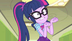 Size: 3410x1920 | Tagged: safe, screencap, sci-twi, twilight sparkle, equestria girls, g4, my little pony equestria girls: better together, stressed in show, stressed in show: pinkie pie, bowtie, female, geode of telekinesis, glasses, jewelry, lockers, magical geodes, necklace, ponytail, shrunken pupils, solo