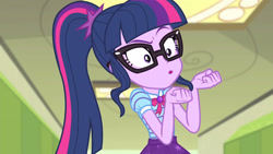 Size: 3410x1920 | Tagged: safe, screencap, sci-twi, twilight sparkle, equestria girls, g4, my little pony equestria girls: better together, stressed in show, stressed in show: pinkie pie, :o, bowtie, female, geode of telekinesis, glasses, jewelry, lockers, magical geodes, necklace, open mouth, ponytail, shrunken pupils, solo