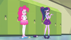 Size: 3410x1920 | Tagged: safe, screencap, pinkie pie, sci-twi, twilight sparkle, equestria girls, g4, my little pony equestria girls: better together, stressed in show, stressed in show: pinkie pie, book, bowtie, clothes, cutie mark, cutie mark on clothes, female, geode of sugar bombs, geode of telekinesis, glasses, jewelry, lockers, magical geodes, necklace, ponytail, rah rah skirt, sci-twi skirt, skirt, smiling