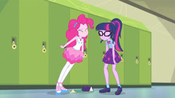 Size: 3410x1920 | Tagged: safe, screencap, pinkie pie, sci-twi, twilight sparkle, equestria girls, g4, my little pony equestria girls: better together, stressed in show, stressed in show: pinkie pie, book, bowtie, clothes, cutie mark, cutie mark on clothes, eyes closed, female, geode of sugar bombs, geode of telekinesis, glasses, jewelry, lockers, magical geodes, necklace, ponytail, smiling, tank top