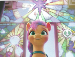 Size: 1575x1194 | Tagged: safe, screencap, sunny starscout, earth pony, pony, g5, my little pony: a new generation, spoiler:my little pony: a new generation, 3d, a new adventure, book, cropped, female, mare, open mouth, open smile, scan, smiling, solo, stained glass, station, twilight sparkle's cutie mark, zephyr heights, zephyr heights terminal