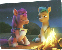 Size: 1296x1050 | Tagged: safe, screencap, hitch trailblazer, sunny starscout, earth pony, pony, g5, my little pony: a new adventure, my little pony: a new generation, spoiler:my little pony: a new generation, 3d, book, campfire, cropped, duo, duo male and female, female, fire, male, mare, scan, stallion