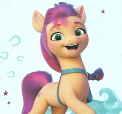 Size: 1423x1334 | Tagged: safe, sunny starscout, earth pony, pony, g5, my little pony: a new adventure, my little pony: a new generation, abstract background, badge, bag, book, cropped, female, mare, satchel, scan, solo
