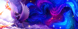 Size: 6116x2288 | Tagged: safe, artist:youth_roses, oc, oc only, fish, koi, pegasus, pony, cloud, commission, ethereal mane, flying, impossibly long hair, impossibly long tail, looking at each other, solo, spread wings, starry mane, starry tail, stars, wings