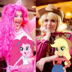 Size: 2289x2289 | Tagged: safe, artist:maddymoiselle, artist:shelbeanie, applejack, pinkie pie, human, equestria girls, g4, my little pony equestria girls: better together, applejack's hat, clothes, cosplay, costume, cowboy hat, everfree northwest, everfree northwest 2019, hat, high res, irl, irl human, open mouth, photo