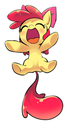 Size: 394x735 | Tagged: safe, artist:quizia, edit, apple bloom, earth pony, pony, g4, adorabloom, cute, eyes closed, female, filly, floating, open mouth, open smile, simple background, smiling, solo, transparent background
