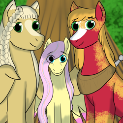 Size: 900x900 | Tagged: safe, artist:14errantartistgd, big macintosh, fluttershy, oc, oc:harvest moon, earth pony, pegasus, pony, g4, alternate hairstyle, blaze (coat marking), braid, coat markings, eye clipping through hair, facial markings, family, female, height difference, horse collar, looking at you, male, mare, offspring, parent:big macintosh, parent:fluttershy, parents:fluttermac, pegasus oc, ship:fluttermac, shipping, smiling, stallion, straight