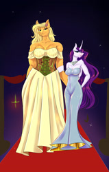 Size: 1050x1650 | Tagged: safe, artist:unfinishedheckery, applejack, rarity, earth pony, unicorn, anthro, g4, breasts, busty applejack, busty rarity, carpet, clothes, digital art, dress, duo, duo female, female, height difference, horn, lesbian, red carpet, ship:rarijack, shipping, size difference, tail, thighs, wide hips