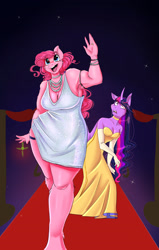Size: 1050x1650 | Tagged: safe, alternate version, artist:unfinishedheckery, pinkie pie, twilight sparkle, earth pony, unicorn, anthro, g4, breasts, busty pinkie pie, busty twilight sparkle, carpet, clothes, digital art, dress, duo, duo female, female, horn, lesbian, open mouth, red carpet, ship:twinkie, shipping, tail, thighs, unicorn twilight, wide hips